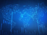 A world map and financial graphics. 